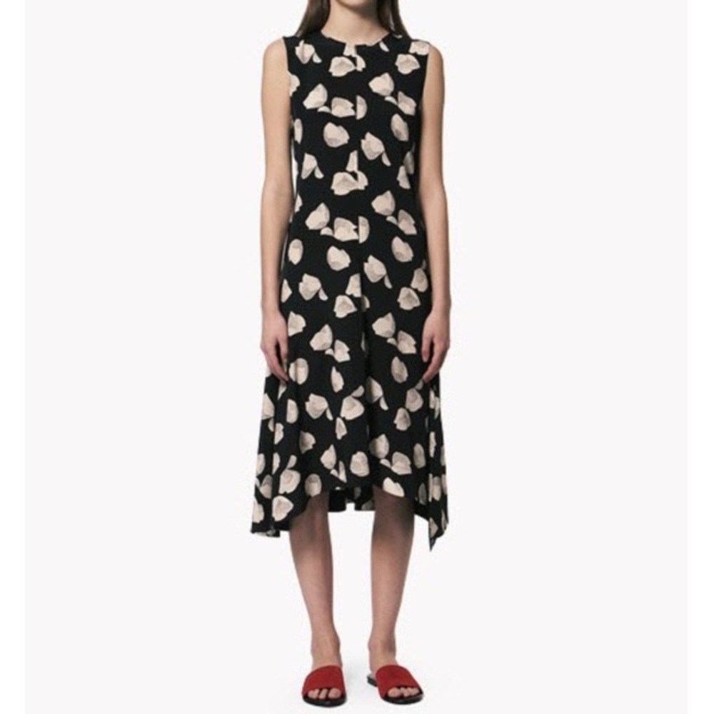 Theory Women 100% SILK Dress Nophella B Harper 10 Black White Asymmetrical Hem